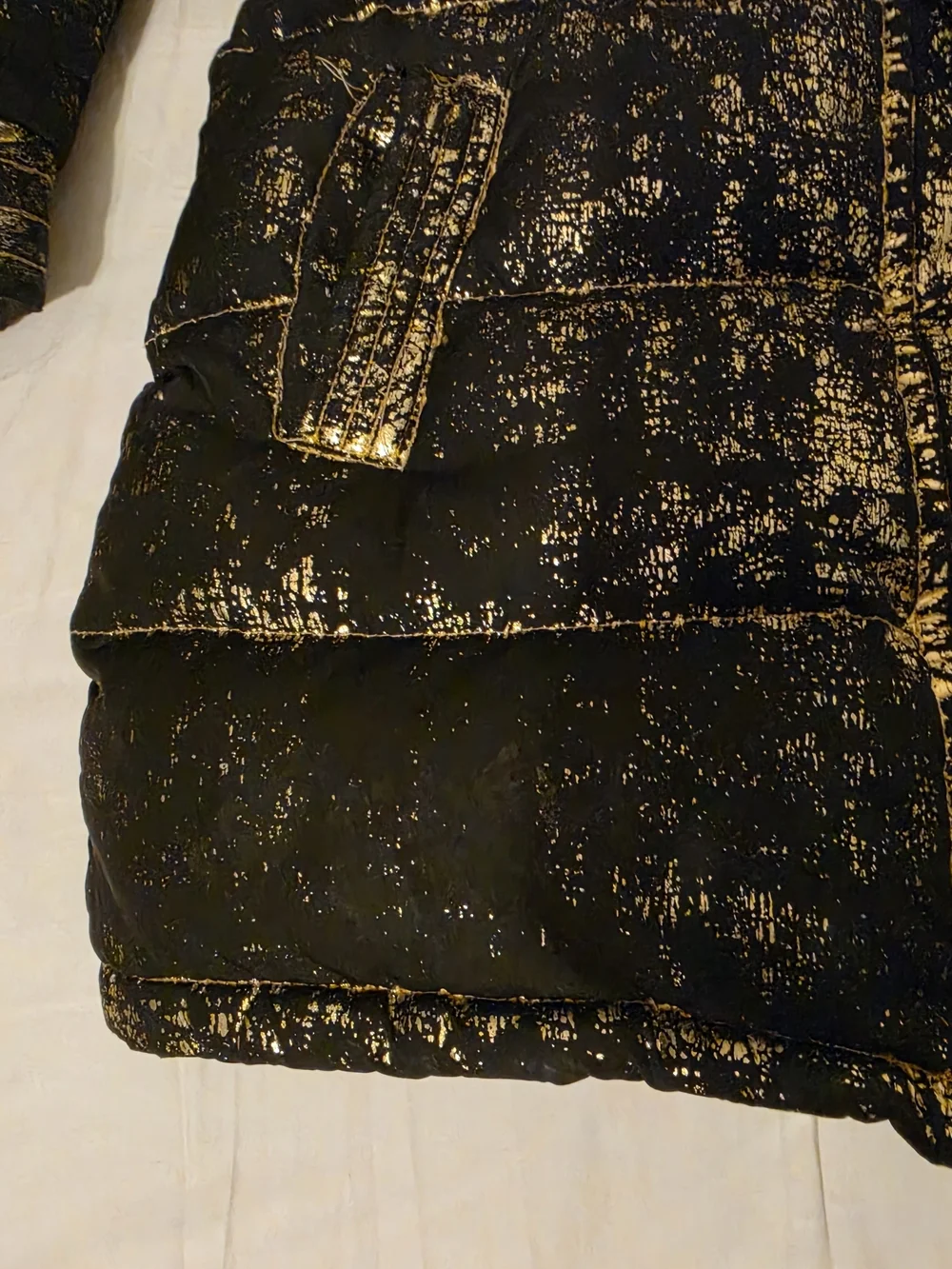 Appaman Girls Size 7 Black Gold Foil Long Puffer Coat Hooded Metallic
